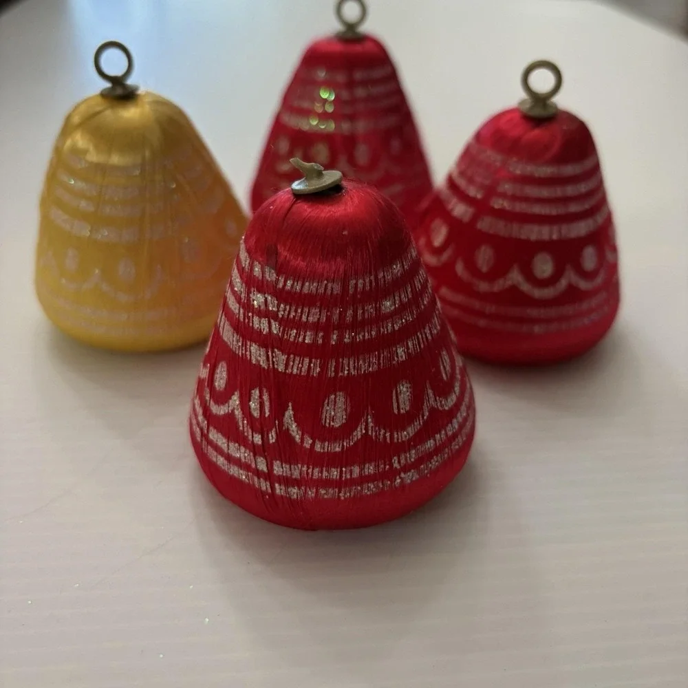 Vintage Satin Thread Christmas Bell Ornaments Set If 4 Retro Kitsch